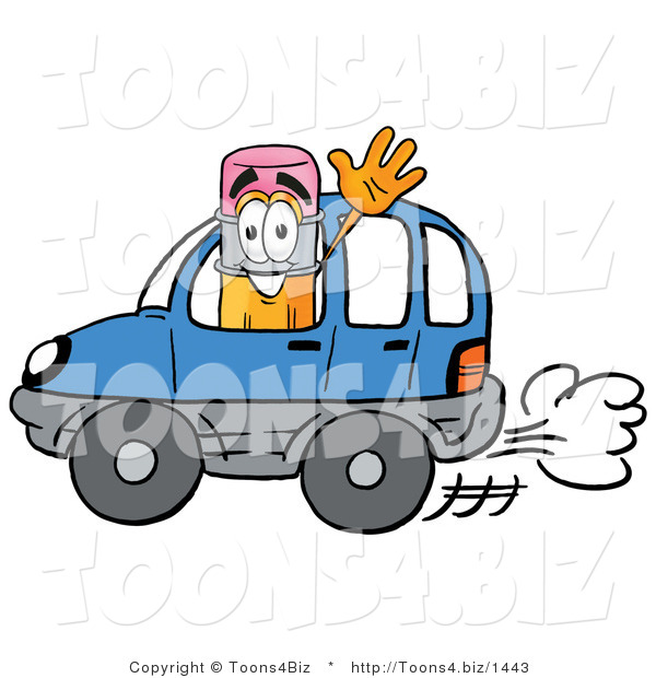 Illustration of a Cartoon Pencil Mascot Driving a Blue Car and Waving