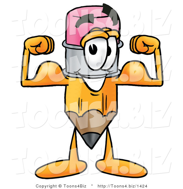 Illustration of a Cartoon Pencil Mascot Flexing His Arm Muscles