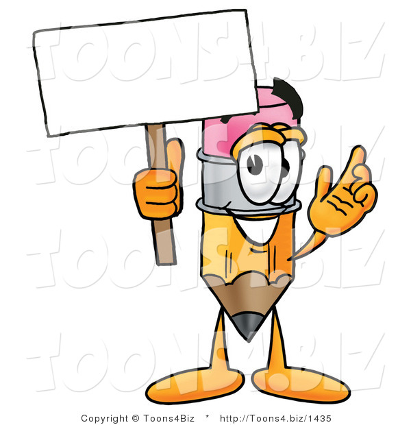 Illustration of a Cartoon Pencil Mascot Holding a Blank Sign