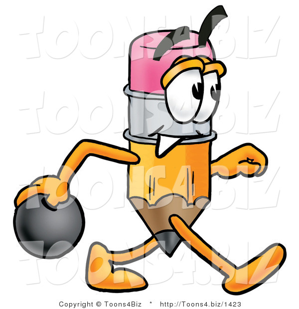 Illustration of a Cartoon Pencil Mascot Holding a Bowling Ball