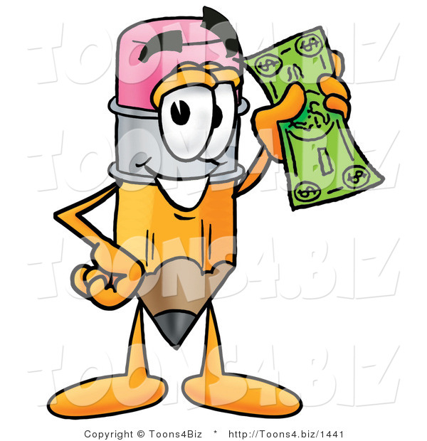 Illustration of a Cartoon Pencil Mascot Holding a Dollar Bill