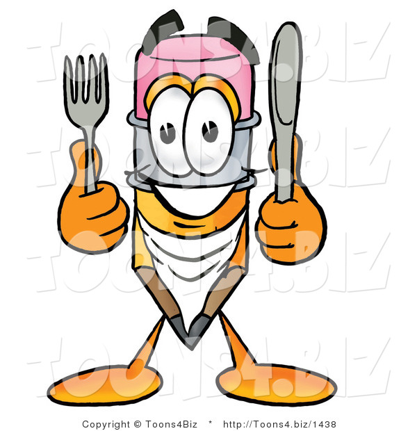 Illustration of a Cartoon Pencil Mascot Holding a Knife and Fork