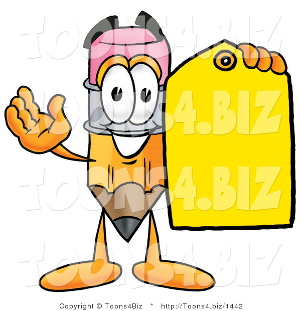 Illustration of a Cartoon Pencil Mascot Holding a Yellow Sales Price Tag