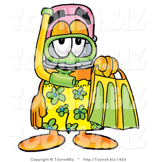 Illustration of a Cartoon Pencil Mascot in Green and Yellow Snorkel Gear