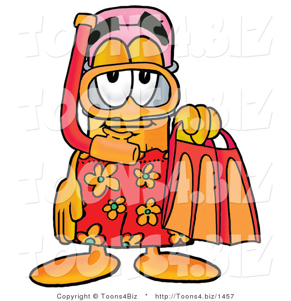 Illustration of a Cartoon Pencil Mascot in Orange and Red Snorkel Gear