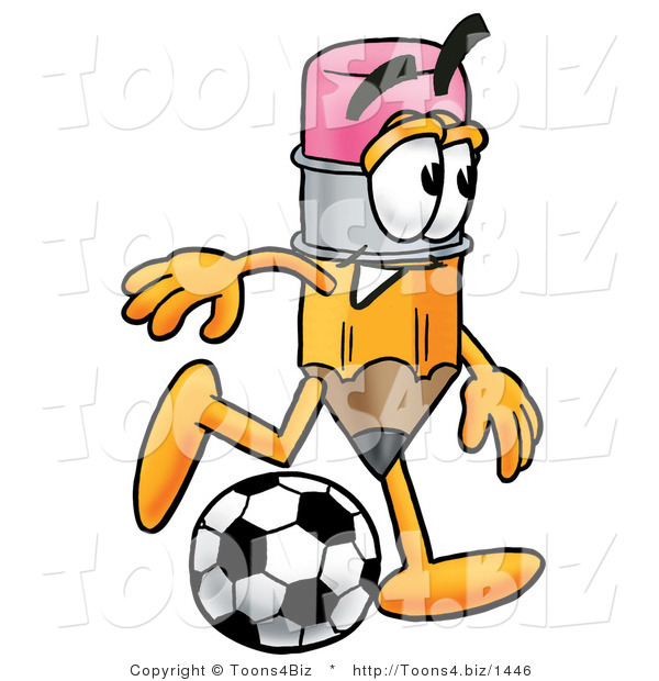 Illustration of a Cartoon Pencil Mascot Kicking a Soccer Ball