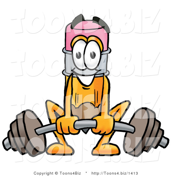 Illustration of a Cartoon Pencil Mascot Lifting a Heavy Barbell