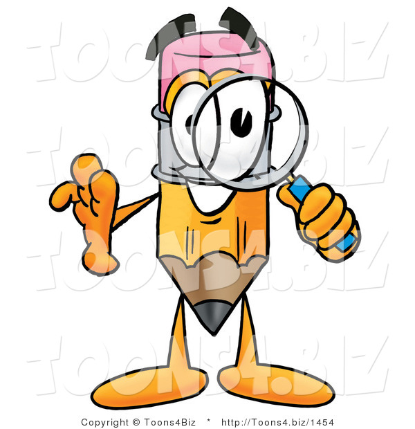 Illustration of a Cartoon Pencil Mascot Looking Through a Magnifying Glass