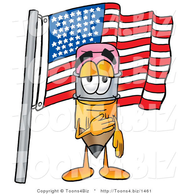 Illustration of a Cartoon Pencil Mascot Pledging Allegiance to an American Flag