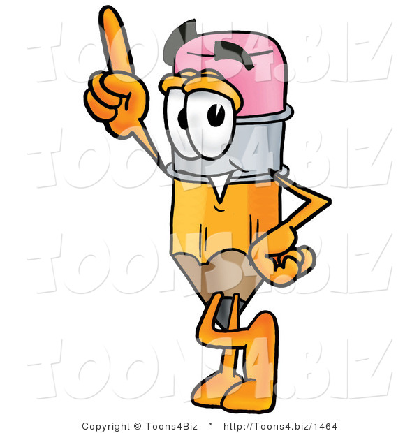 Illustration of a Cartoon Pencil Mascot Pointing Upwards