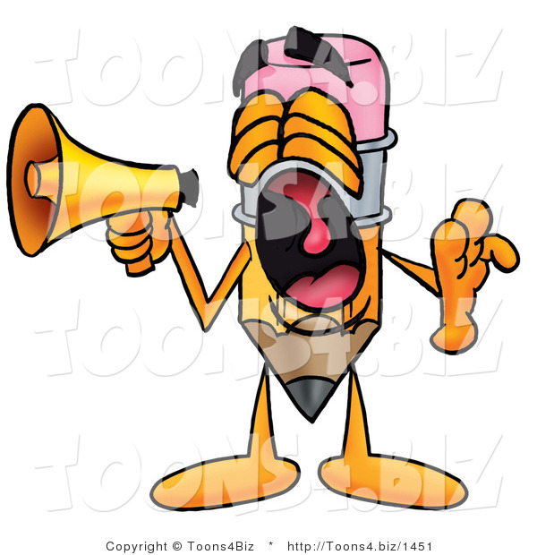 Illustration of a Cartoon Pencil Mascot Screaming into a Megaphone
