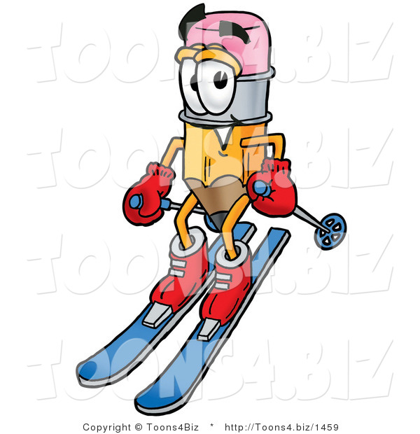 Illustration of a Cartoon Pencil Mascot Skiing Downhill