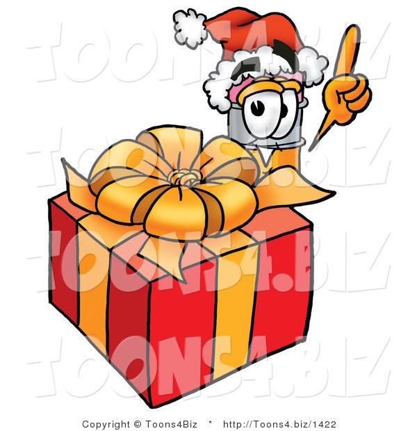 Illustration of a Cartoon Pencil Mascot Standing by a Christmas Present