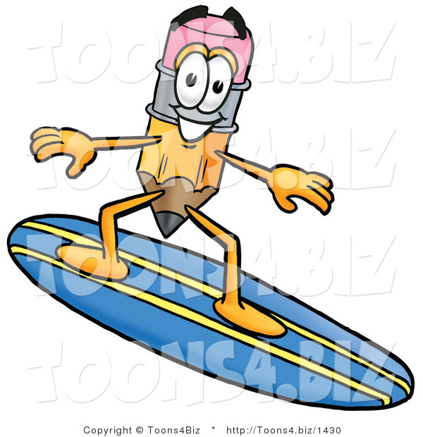 Illustration of a Cartoon Pencil Mascot Surfing on a Blue and Yellow Surfboard