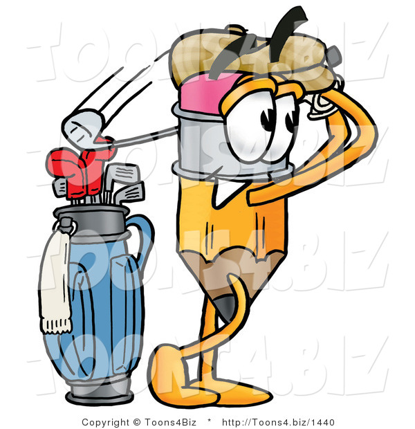 Illustration of a Cartoon Pencil Mascot Swinging His Golf Club While Golfing