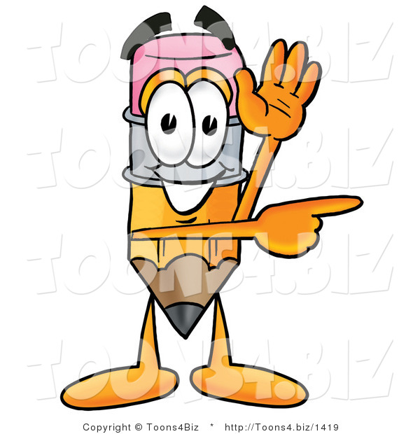 Illustration of a Cartoon Pencil Mascot Waving and Pointing