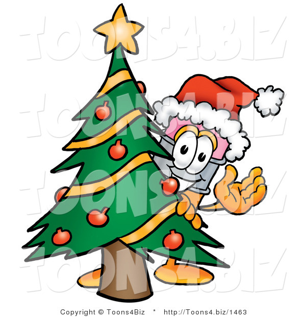 Illustration of a Cartoon Pencil Mascot Waving and Standing by a Decorated Christmas Tree