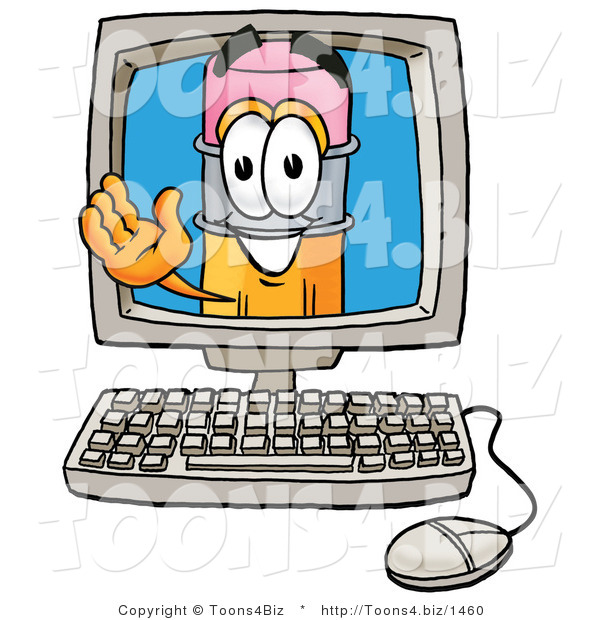 Illustration of a Cartoon Pencil Mascot Waving from Inside a Computer Screen