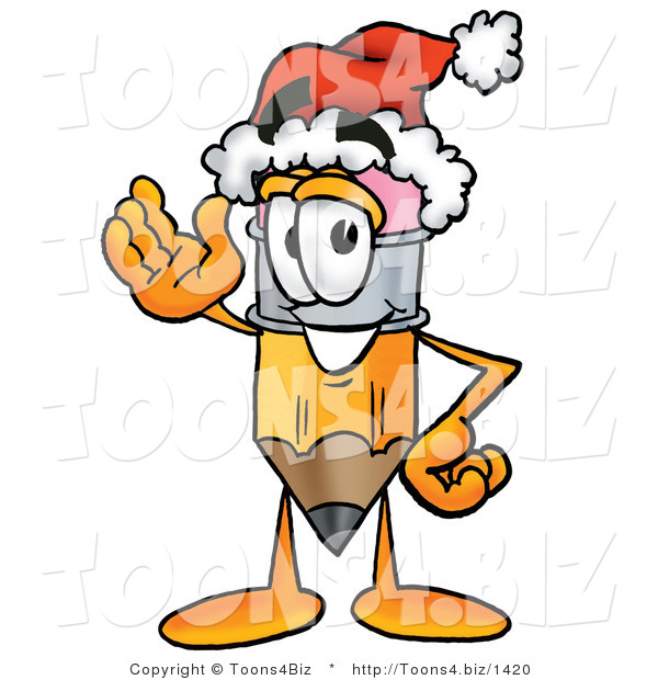 Illustration of a Cartoon Pencil Mascot Wearing a Santa Hat While Waving Hello