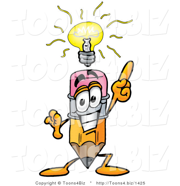 Illustration of a Cartoon Pencil Mascot with a Bright Idea