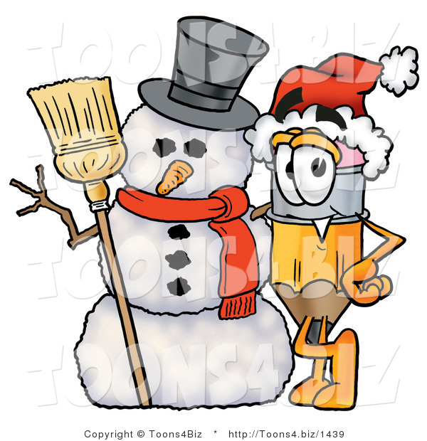 Illustration of a Cartoon Pencil Mascot with a Snowman on Christmas