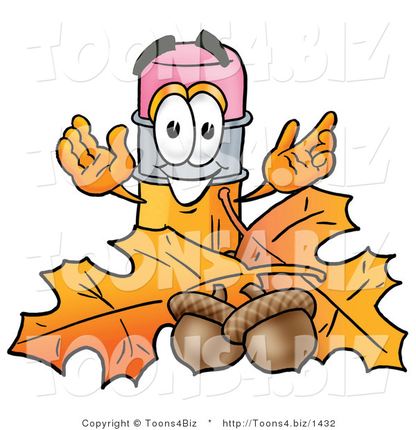 Illustration of a Cartoon Pencil Mascot with Autumn Leaves and Acorns in the Fall