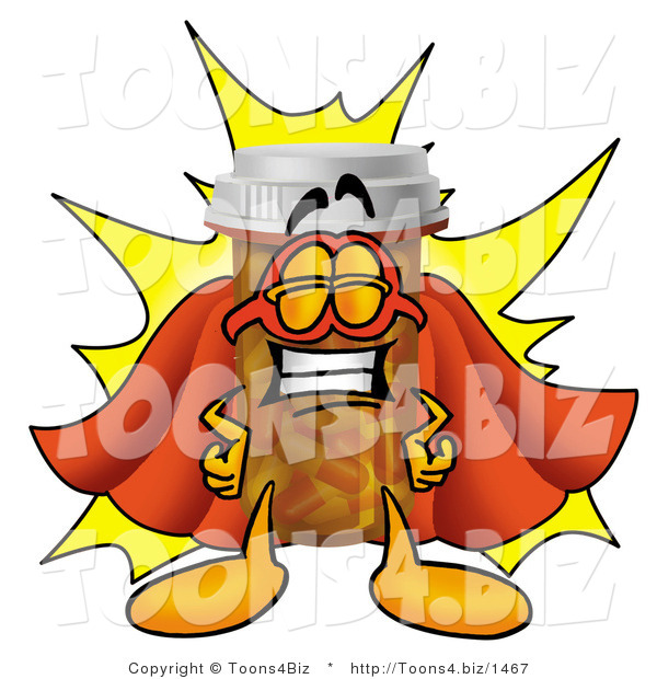 Illustration of a Cartoon Pill Bottle Mascot Dressed As a Super Hero
