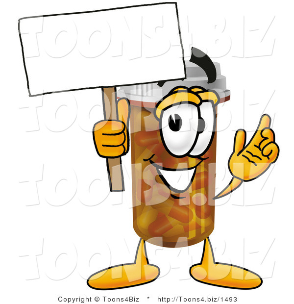 Illustration of a Cartoon Pill Bottle Mascot Holding a Blank Sign
