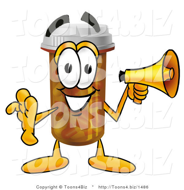 Illustration of a Cartoon Pill Bottle Mascot Holding a Megaphone