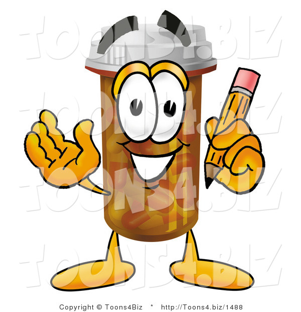 Illustration of a Cartoon Pill Bottle Mascot Holding a Pencil