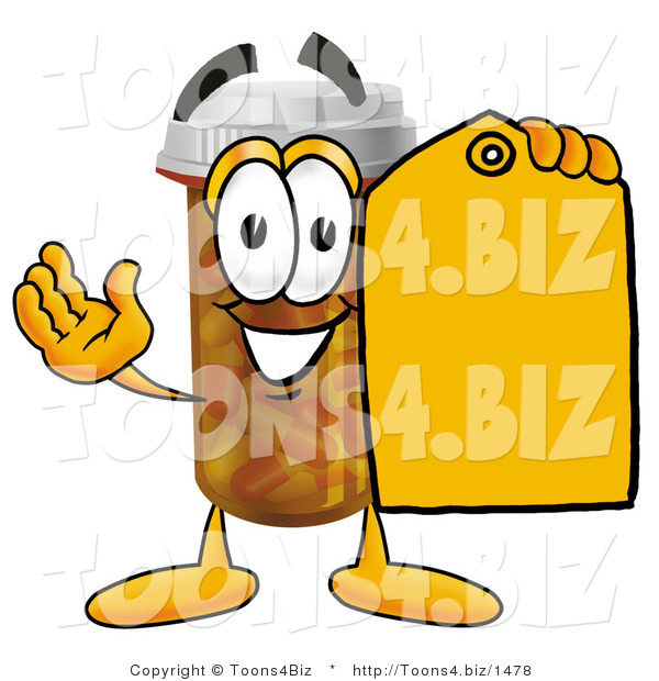 Illustration of a Cartoon Pill Bottle Mascot Holding a Yellow Sales Price Tag