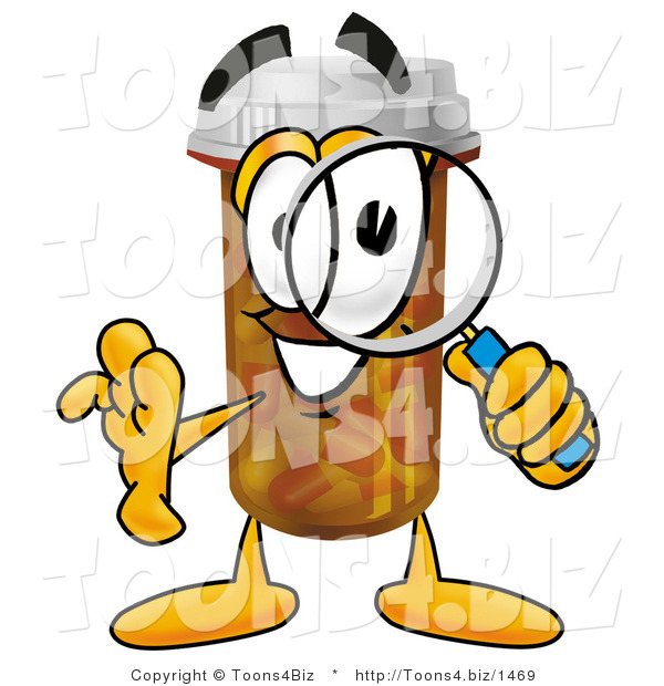 Illustration of a Cartoon Pill Bottle Mascot Looking Through a Magnifying Glass