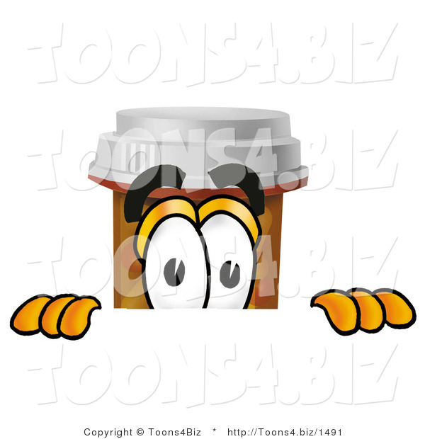 Illustration of a Cartoon Pill Bottle Mascot Peeking over a Surface