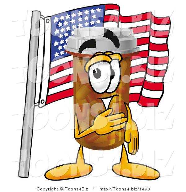 Illustration of a Cartoon Pill Bottle Mascot Pledging Allegiance to an American Flag
