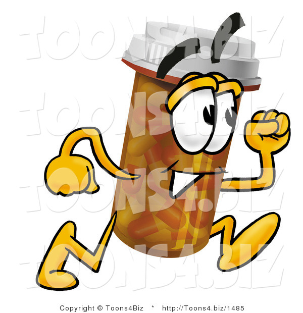 Illustration of a Cartoon Pill Bottle Mascot Running
