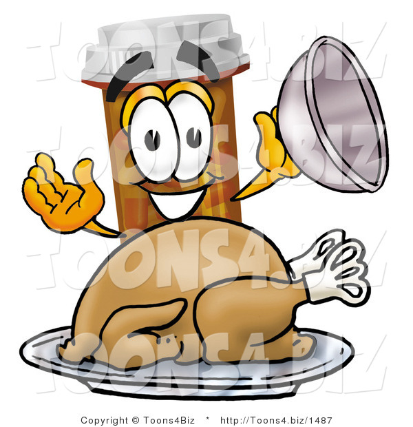 Illustration of a Cartoon Pill Bottle Mascot Serving a Thanksgiving Turkey on a Platter
