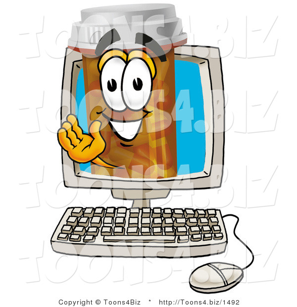 Illustration of a Cartoon Pill Bottle Mascot Waving from Inside a Computer Screen