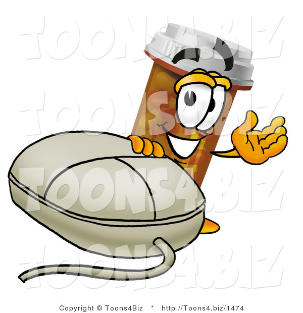 Illustration of a Cartoon Pill Bottle Mascot with a Computer Mouse