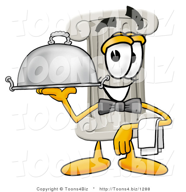 Illustration of a Cartoon Pillar Mascot Dressed As a Waiter and Holding a Serving Platter