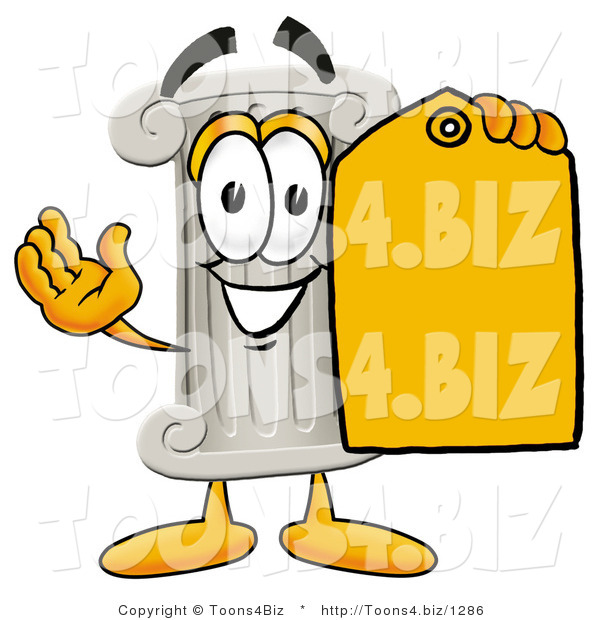 Illustration of a Cartoon Pillar Mascot Holding a Yellow Sales Price Tag