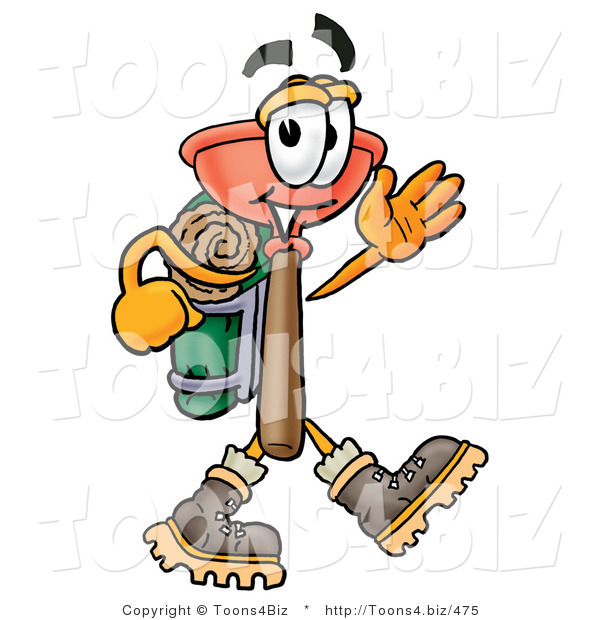 Illustration of a Cartoon Plunger Mascot Hiking and Carrying a Backpack