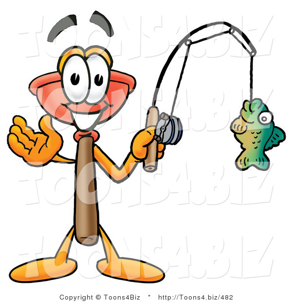 Illustration of a Cartoon Plunger Mascot Holding a Fish on a Fishing Pole