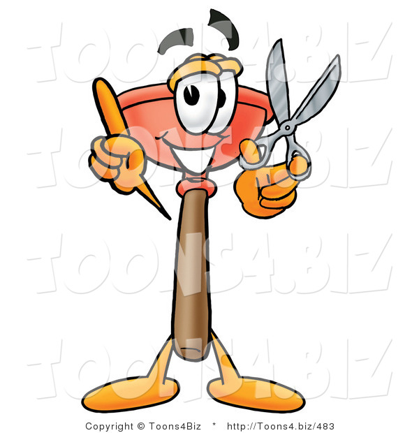 Illustration of a Cartoon Plunger Mascot Holding a Pair of Scissors