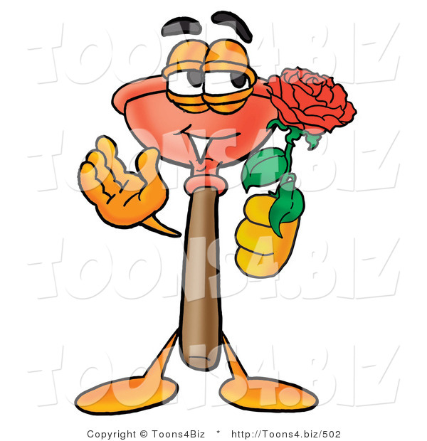 Illustration of a Cartoon Plunger Mascot Holding a Red Rose on Valentines Day