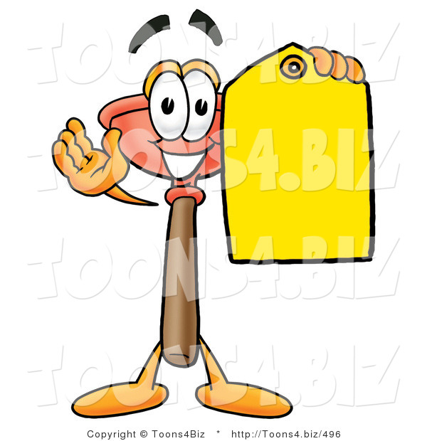 Illustration of a Cartoon Plunger Mascot Holding a Yellow Sales Price Tag