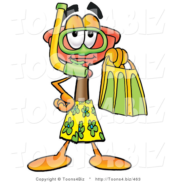 Illustration of a Cartoon Plunger Mascot in Green and Yellow Snorkel Gear