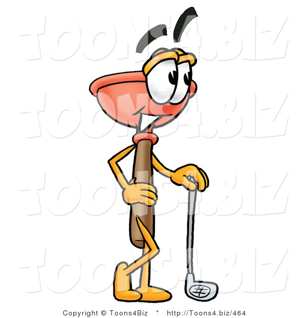 Illustration of a Cartoon Plunger Mascot Leaning on a Golf Club While Golfing