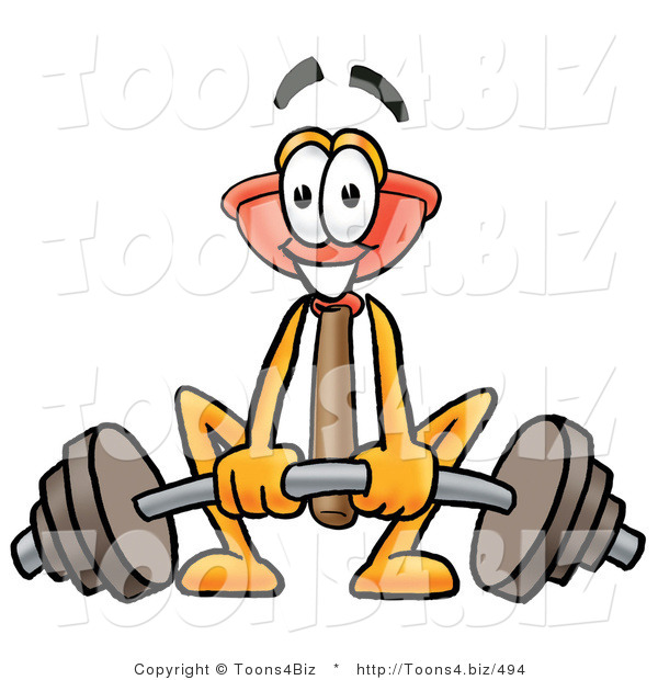 Illustration of a Cartoon Plunger Mascot Lifting a Heavy Barbell