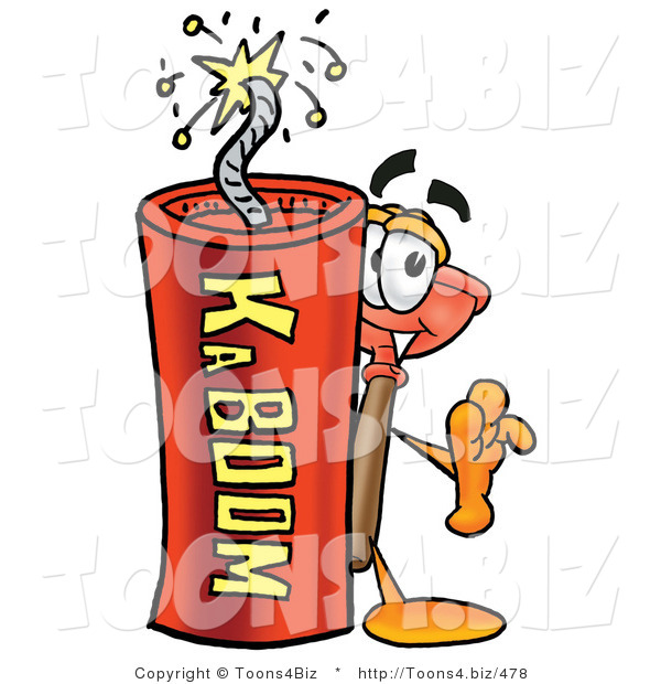 Illustration of a Cartoon Plunger Mascot Standing with a Lit Stick of Dynamite