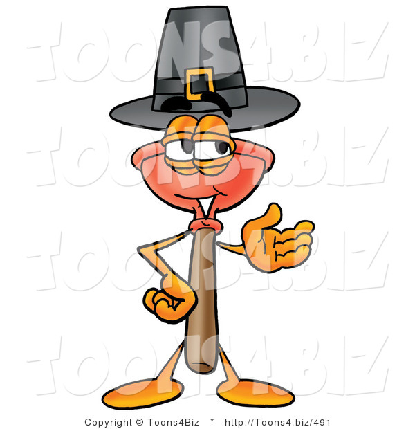 Illustration of a Cartoon Plunger Mascot Wearing a Pilgrim Hat on Thanksgiving
